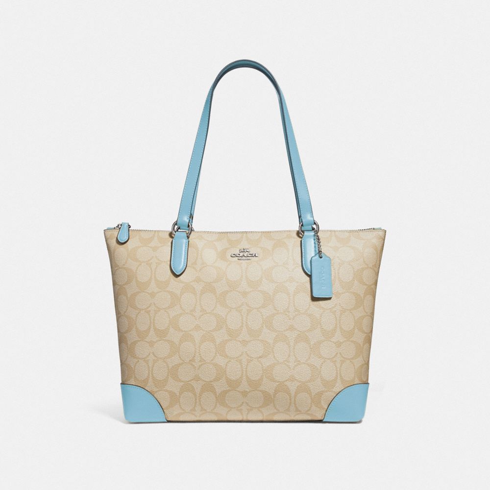 ZIP TOP TOTE IN SIGNATURE CANVAS - F29208 - LIGHT KHAKI/POWDER BLUE/SILVER