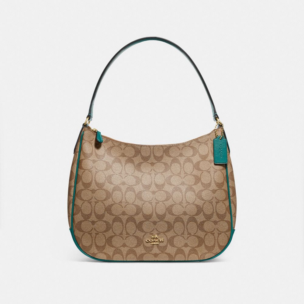 COACH F29209 ZIP SHOULDER BAG IN SIGNATURE CANVAS KHAKI/DARK TURQUOISE/LIGHT GOLD