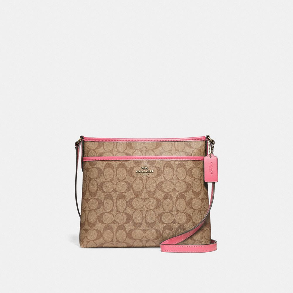 FILE CROSSBODY IN SIGNATURE CANVAS - F29210 - KHAKI/PINK RUBY/GOLD