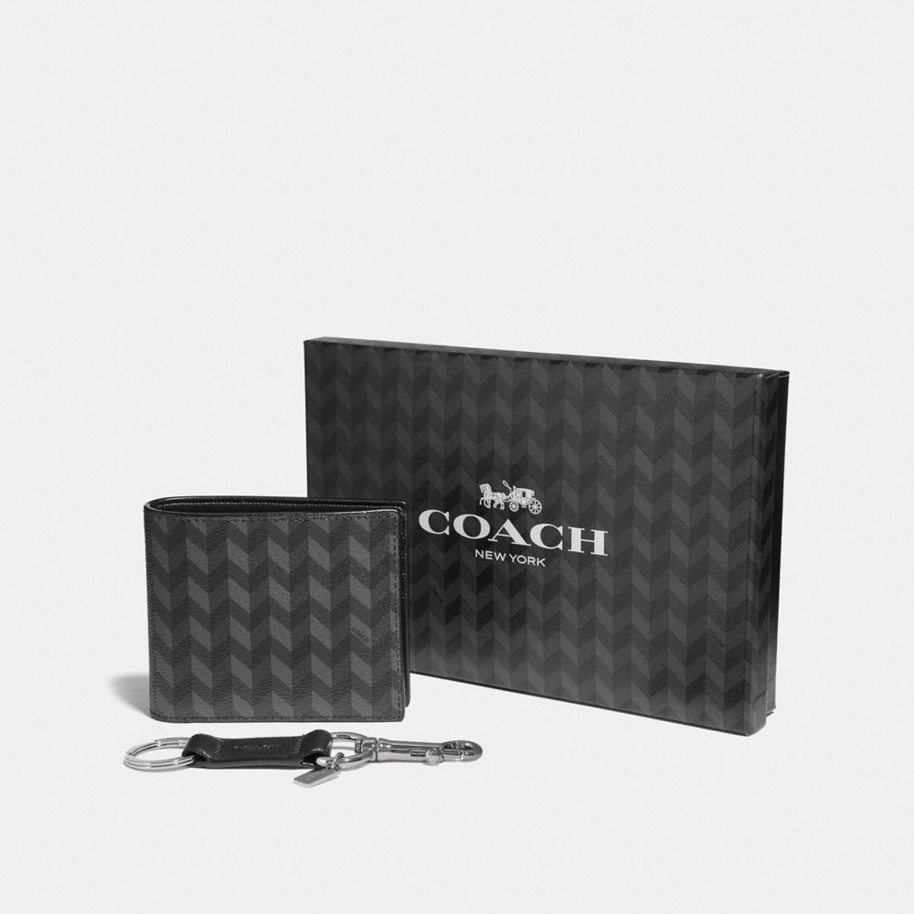 COACH f29273 BOXED COMPACT ID WALLET WITH TRIGGER SNAP KEY FOB BLUE/CREAM