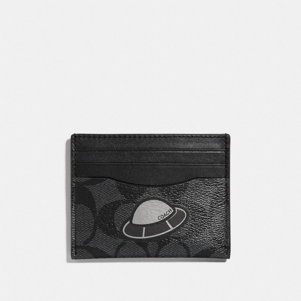 SLIM ID CARD CASE IN SIGNATURE CANVAS WITH SPACE PATCHES - COACH f29295 - CHARCOAL/BLACK
