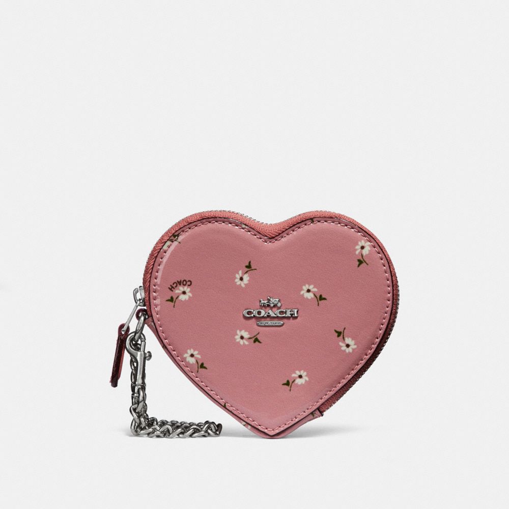 COACH f29319 HEART COIN CASE WITH DITSY DAISY PRINT AND BOW ZIP PULL vintage pink multi /silver