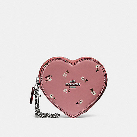 COACH f29319 HEART COIN CASE WITH DITSY DAISY PRINT AND BOW ZIP PULL vintage pink multi /silver
