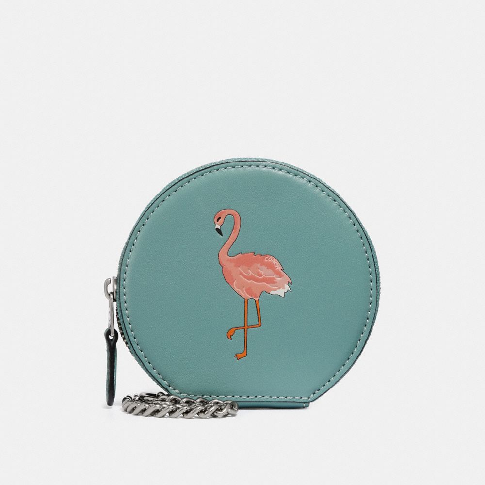 COACH F29322 ROUND COIN CASE WITH FLAMINGO MOTIF SILVER/AQUAMARINE