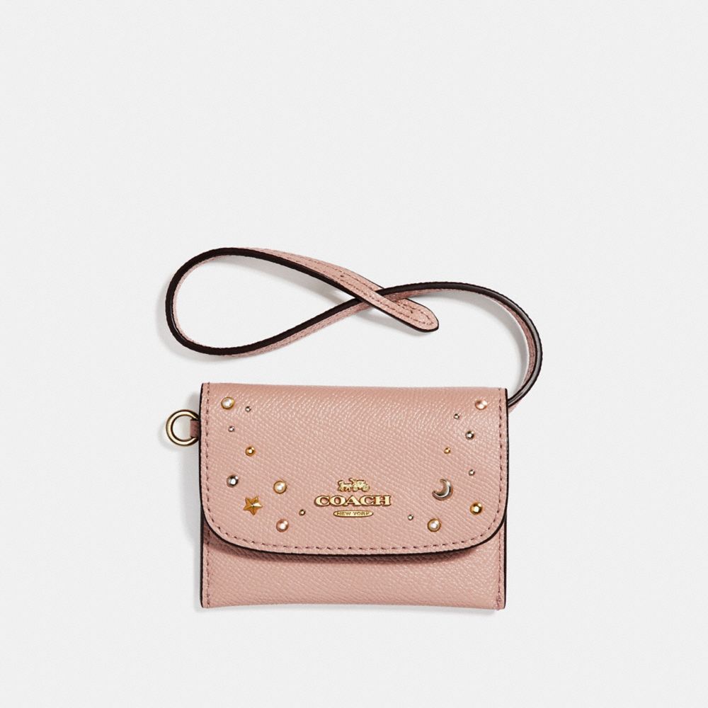 COACH f29323 CARD POUCH WITH CELESTIAL STUDS nude pink/light gold