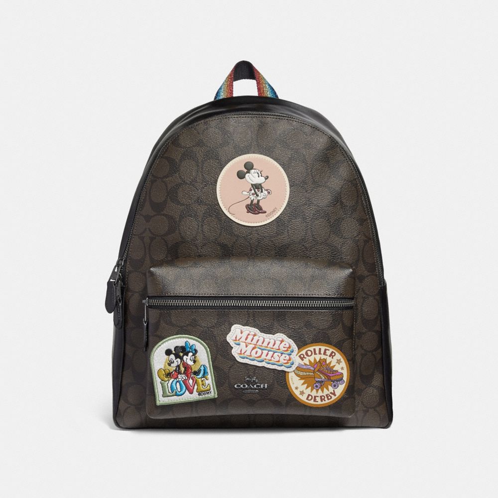 CHARLIE BACKPACK IN SIGNATURE CANVAS WITH MINNIE MOUSE PATCHES - f29355 - BROWN/BLACK/BLACK ANTIQUE NICKEL
