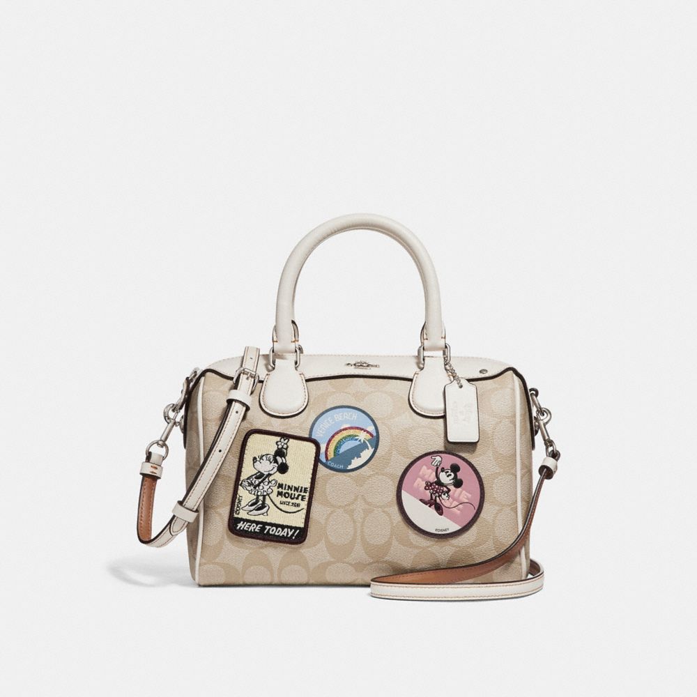 MINI BENNETT SATCHEL IN SIGNATURE CANVAS WITH MINNIE MOUSE PATCHES - f29357 - SILVER/LIGHT KHAKI/CHALK