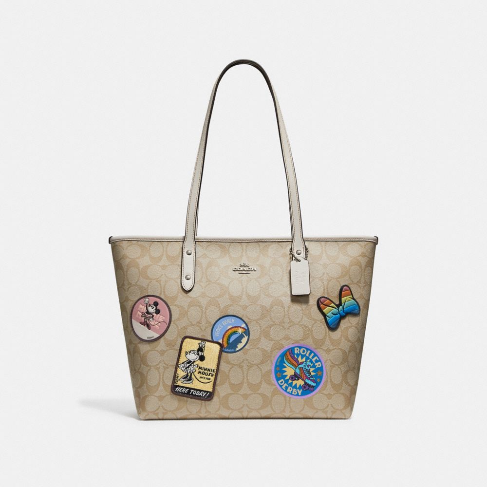 COACH CITY ZIP TOTE IN SIGNATURE CANVAS WITH MINNIE MOUSE PATCHES - SILVER/LIGHT KHAKI/CHALK - f29358