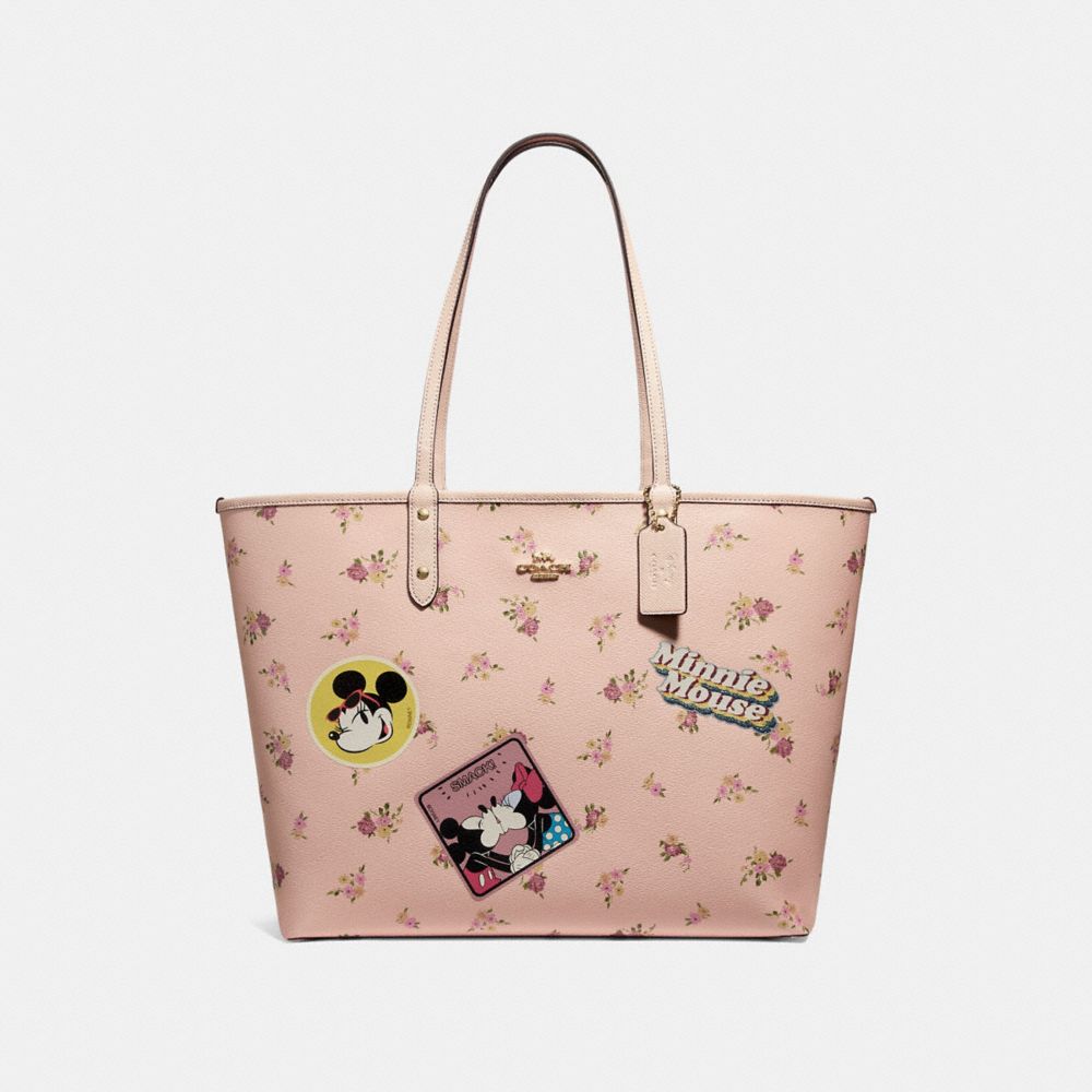 COACH f29359 REVERSIBLE CITY ZIP TOTE WITH FLORAL MIX PRINT AND MINNIE MOUSE PATCHES VINTAGE PINK MULTI/LIGHT GOLD