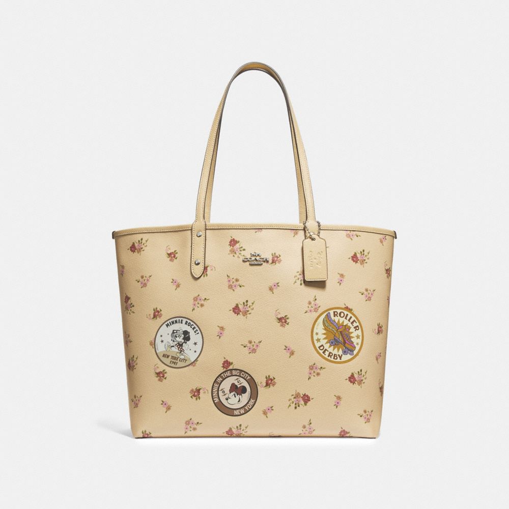 COACH F29359 REVERSIBLE CITY ZIP TOTE WITH FLORAL MIX PRINT AND MINNIE MOUSE PATCHES VANILLA-MULTI/SILVER