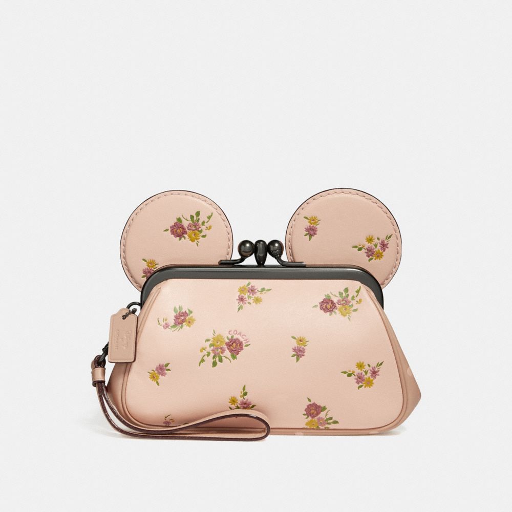 COACH F29360 Kisslock Wristlet With Floral Mix Print And Minnie Mouse Ears VINTAGE PINK MULTI/LIGHT GOLD