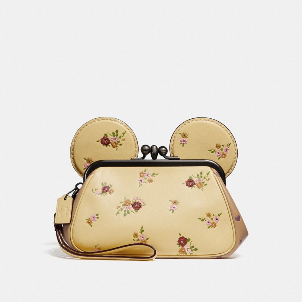 COACH F29360 Kisslock Wristlet With Floral Mix Print And Minnie Mouse Ears VANILLA MULTI/SILVER