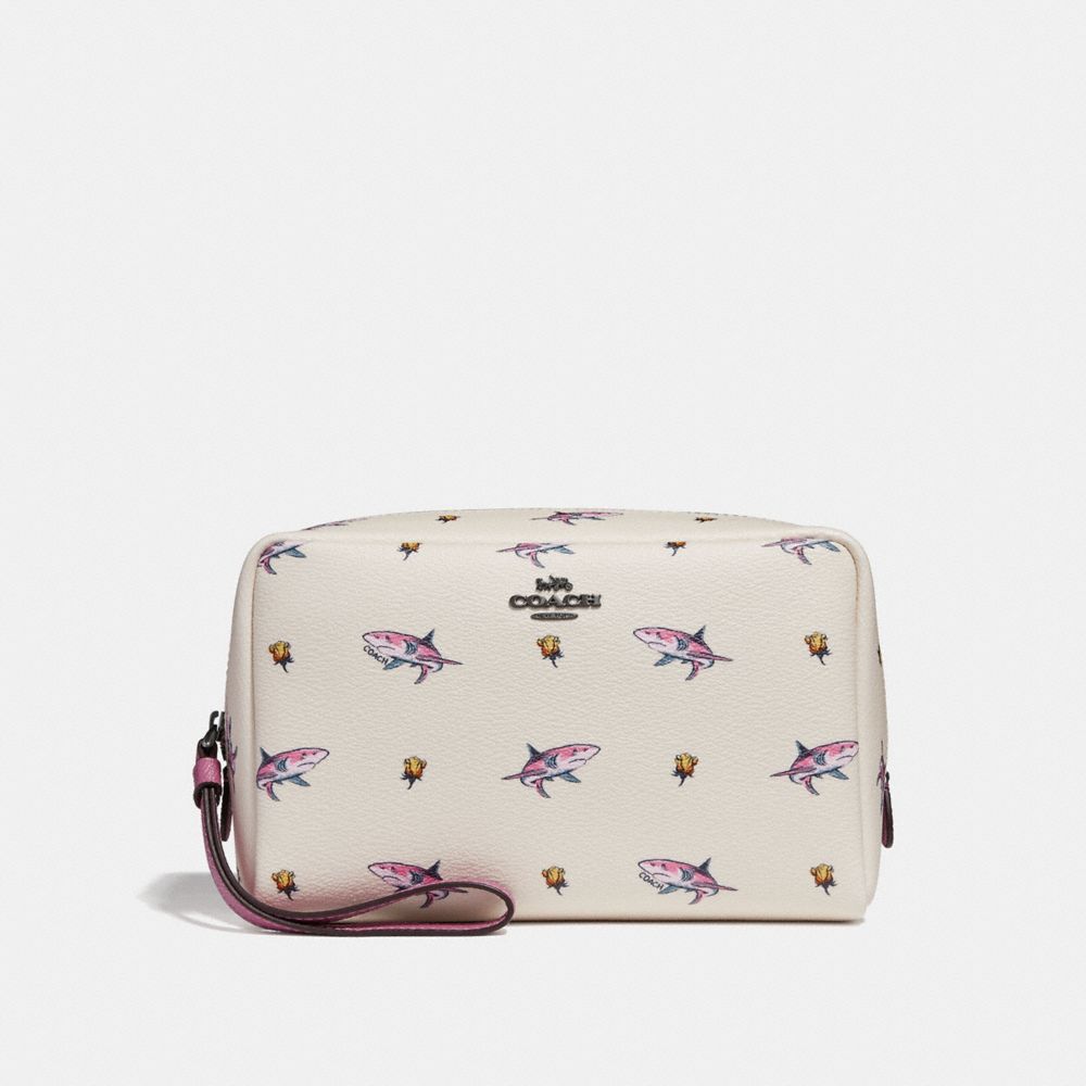 COACH BOXY COSMETIC CASE 20 WITH SHARK ROSE PRINT - BLACK ANTIQUE NICKEL/CHALK MULTI - f29373