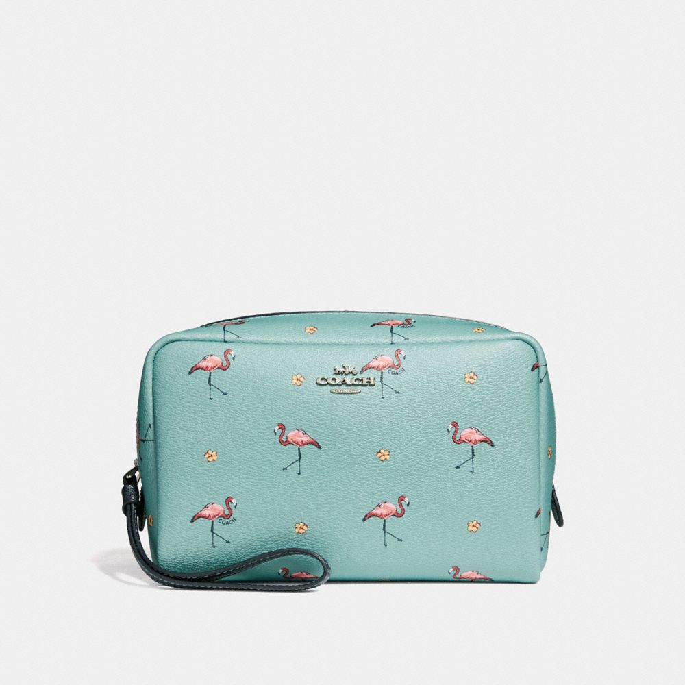 COACH BOXY COSMETIC CASE WITH FLAMINGO PRINT - AQUAMARINE MULTI/SILVER - F29374