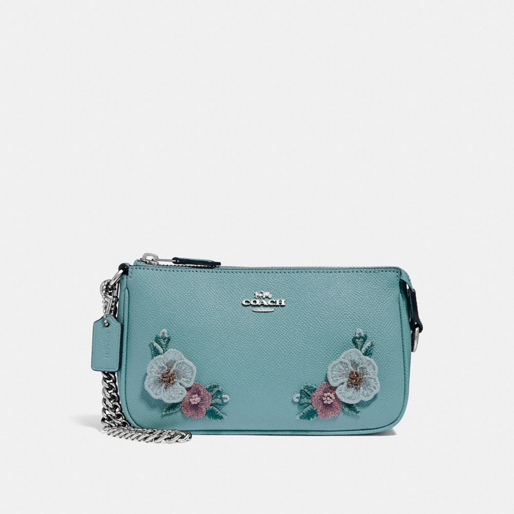 COACH F29378 LARGE WRISTLET 19 WITH HAWAIIAN FLORAL EMBROIDERY AQUAMARINE MULTI/SILVER