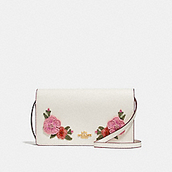 FOLDOVER CROSSBODY CLUTCH  WITH HAWAIIAN FLORAL EMBROIDERY - f29379 - CHALK MULTI/IMITATION GOLD