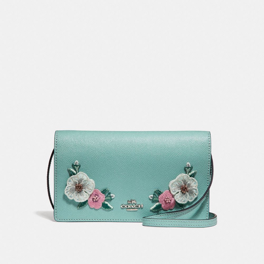 COACH F29379 - FOLDOVER CROSSBODY CLUTCH  WITH HAWAIIAN FLORAL EMBROIDERY AQUAMARINE MULTI/SILVER