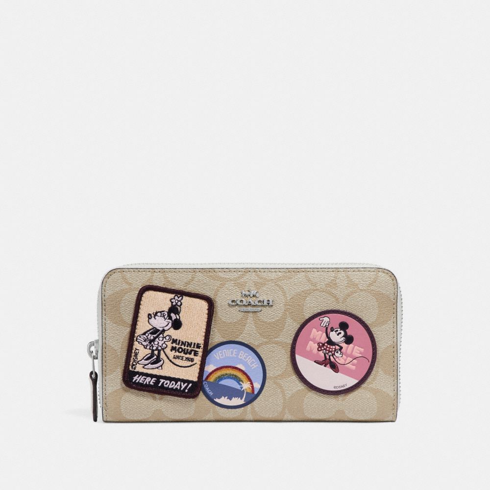 ACCORDION ZIP WALLET IN SIGNATURE CANVAS WITH MINNIE MOUSE  PATCHES - COACH f29380 - LIGHT KHAKI/CHALK 1/SILVER