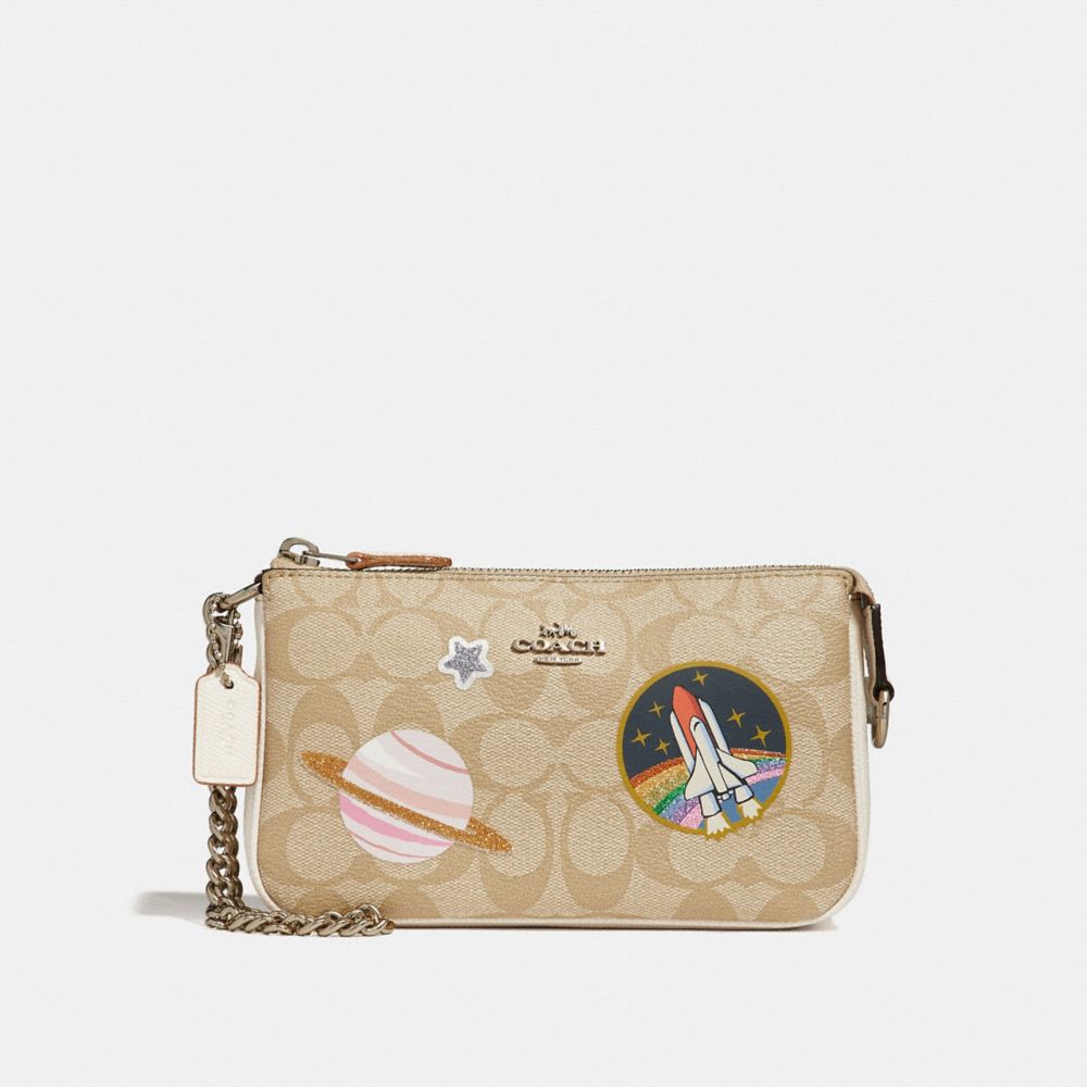 COACH F29403 Large Wristlet 19 In Signature Canvas With Space Patches SILVER/LIGHT KHAKI/CHALK