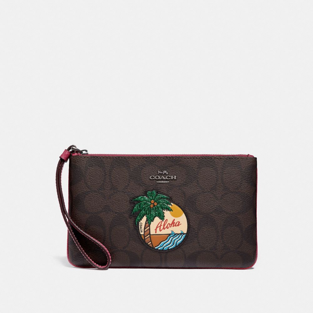 LARGE WRISTLET IN SIGNATURE CANVAS WITH ALOHA MOTIF - COACH  f29418 - BROWN/BLACK/BLACK ANTIQUE NICKEL