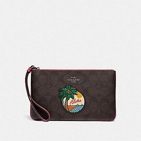 COACH LARGE WRISTLET IN SIGNATURE CANVAS WITH ALOHA MOTIF - BROWN/BLACK/BLACK ANTIQUE NICKEL - f29418