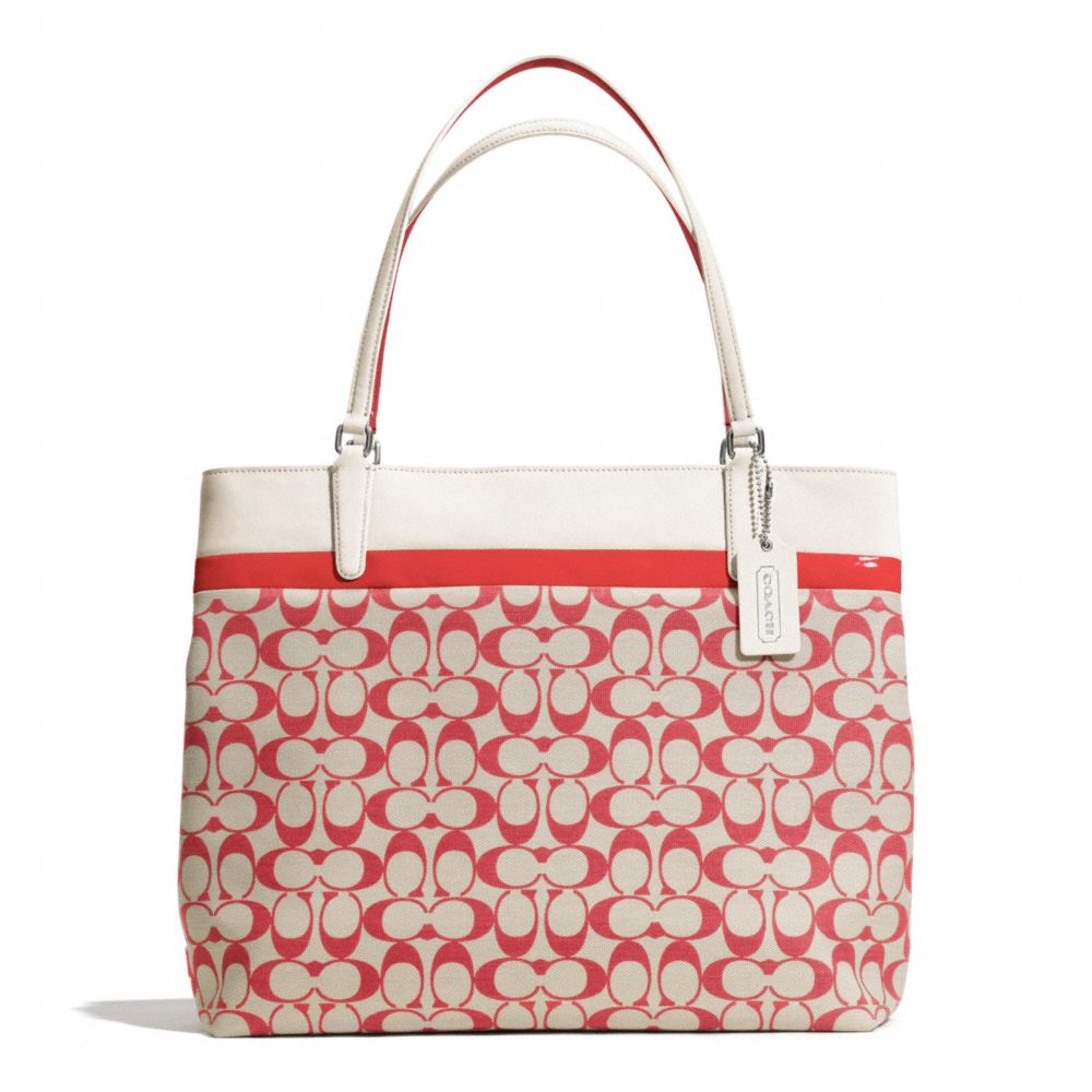 COACH f29423 PRINTED SIGNATURE TOTE SILVER/LIGHT GOLDGHT KHAKI/LOVE RED