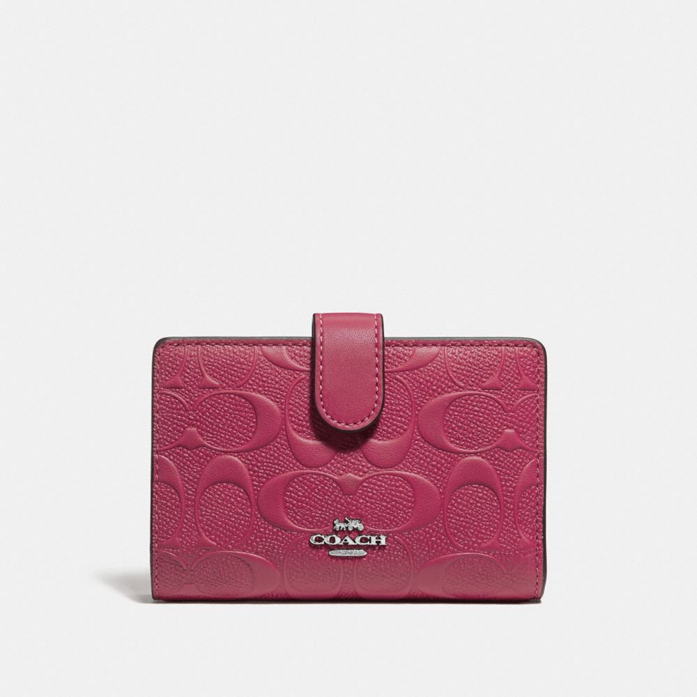 COACH F29439 MEDIUM CORNER ZIP WALLET IN SIGNATURE LEATHER SILVER/HOT-PINK