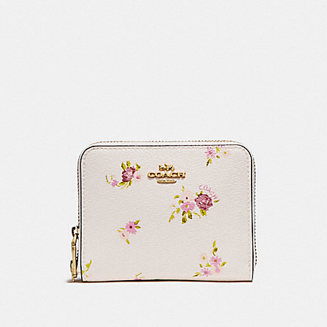 COACH f29449 SMALL ZIP AROUND WALLET WITH DAISY BUNDLE PRINT AND BOW ZIP PULL CHALK MULTI/IMITATION GOLD