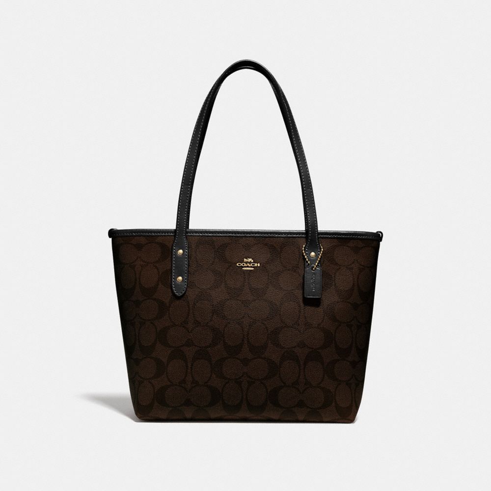 COACH F29500 - MINI CITY ZIP TOTE IN SIGNATURE CANVAS - BROWN/BLACK/LIGHT  GOLD