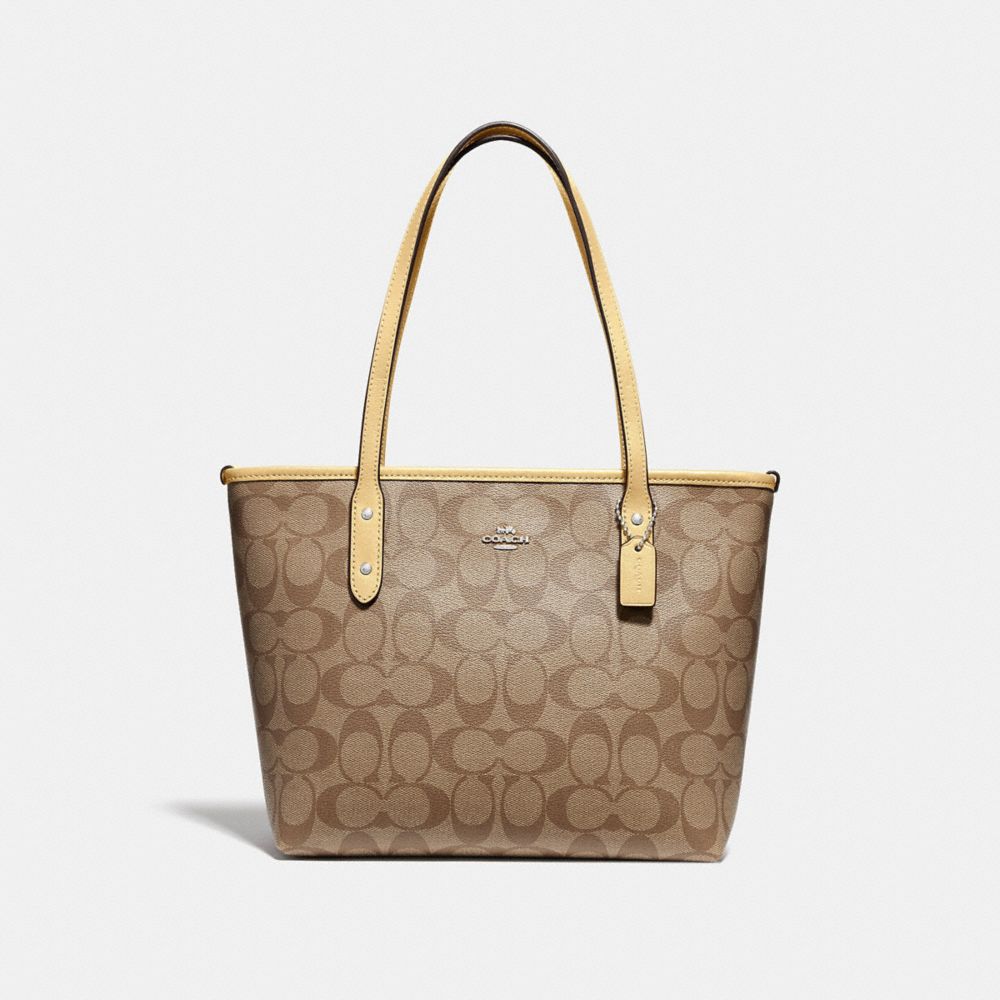 MINI CITY ZIP TOTE IN SIGNATURE CANVAS - KHAKI/VANILLA/SILVER - COACH F29500