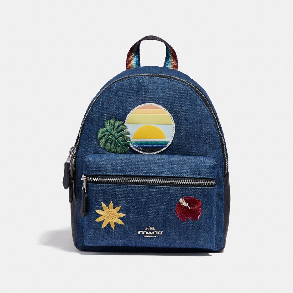 COACH F29534 Mini Charlie Backpack With Blue Hawaii Patches DENIM/MULTI/SILVER