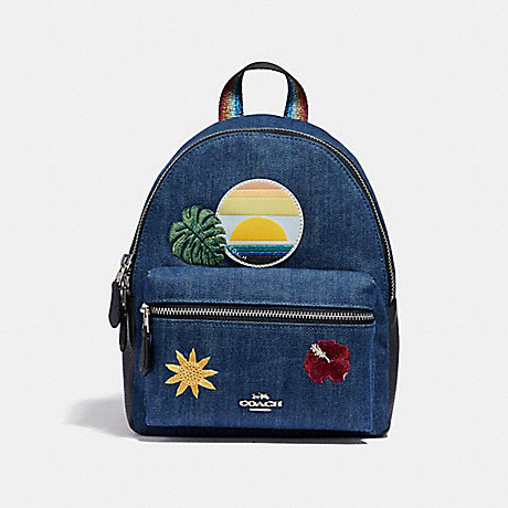 COACH F29534 MINI CHARLIE BACKPACK WITH BLUE HAWAII PATCHES DENIM/MULTI/SILVER
