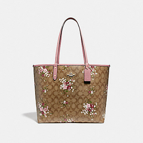 COACH REVERSIBLE CITY ZIP TOTE IN SIGNATURE CANVAS WITH FLORAL BUNDLE PRINT - KHAKI/MULTI/GOLD - F29547
