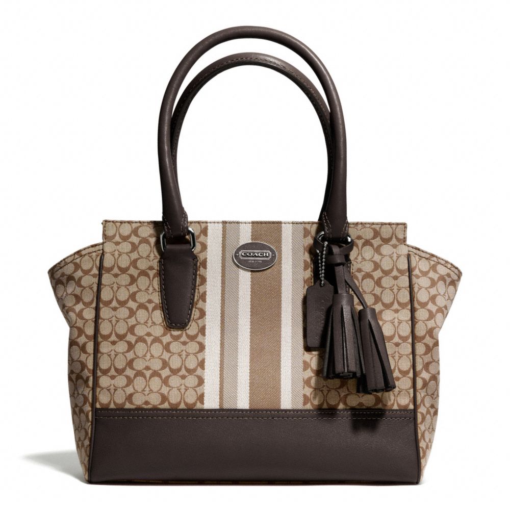 COACH f29601 SIGNATURE STRIPE CARRYALL SILVER/KHAKI/MAHOGANY