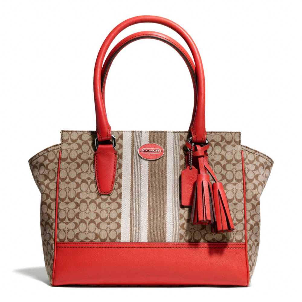 COACH f29601 SIGNATURE STRIPE CARRYALL SILVER/KHAKI/CARNELIAN