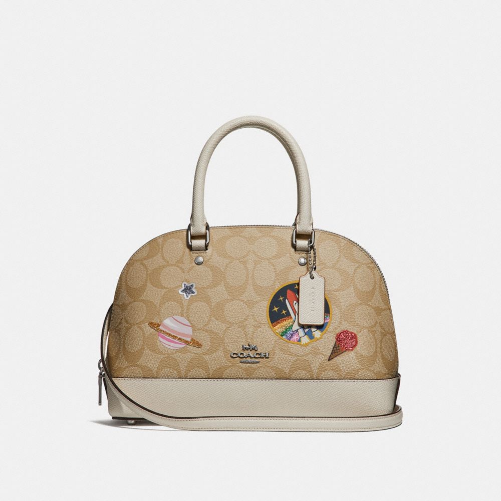 MINI SIERRA SATCHEL IN SIGNATURE CANVAS WITH SPACE PATCHES -  COACH f29618 - SILVER/LIGHT KHAKI/CHALK