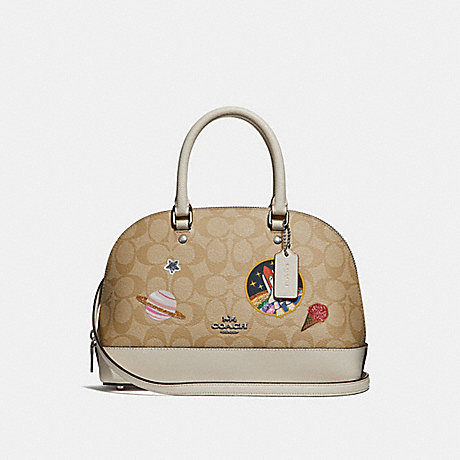 COACH f29618 MINI SIERRA SATCHEL IN SIGNATURE CANVAS WITH SPACE PATCHES SILVER/LIGHT KHAKI/CHALK