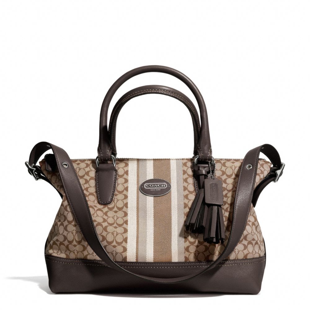 SIGNATURE STRIPE EAST/WEST SATCHEL - f29622 - SILVER/KHAKI/MAHOGANY