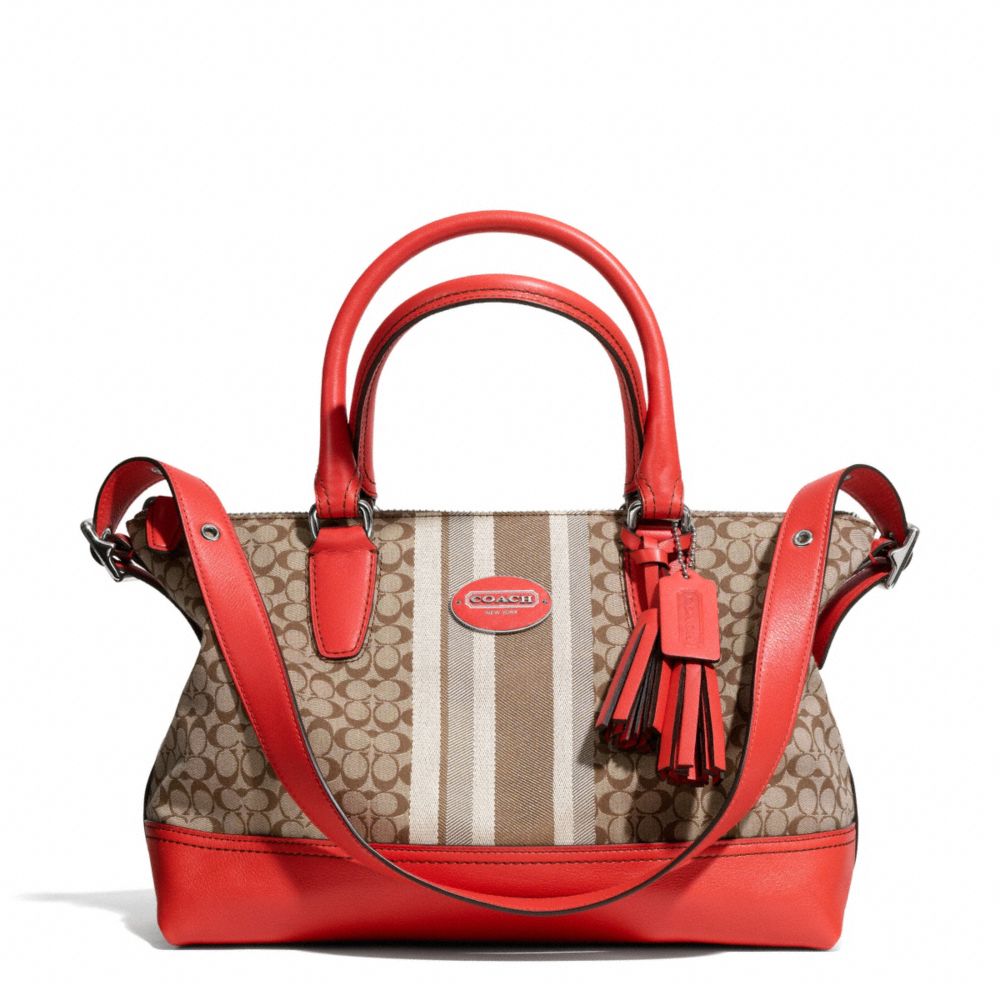 SIGNATURE STRIPE EAST/WEST SATCHEL - f29622 - SILVER/KHAKI/CARNELIAN