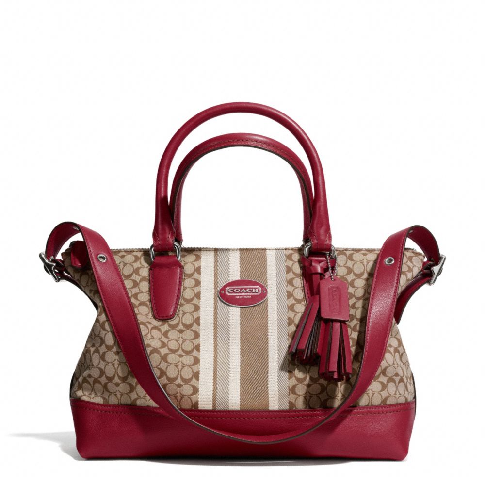 COACH SIGNATURE STRIPE EAST/WEST SATCHEL - SILVER/KHAKI/BLACK CHERRY - F29622