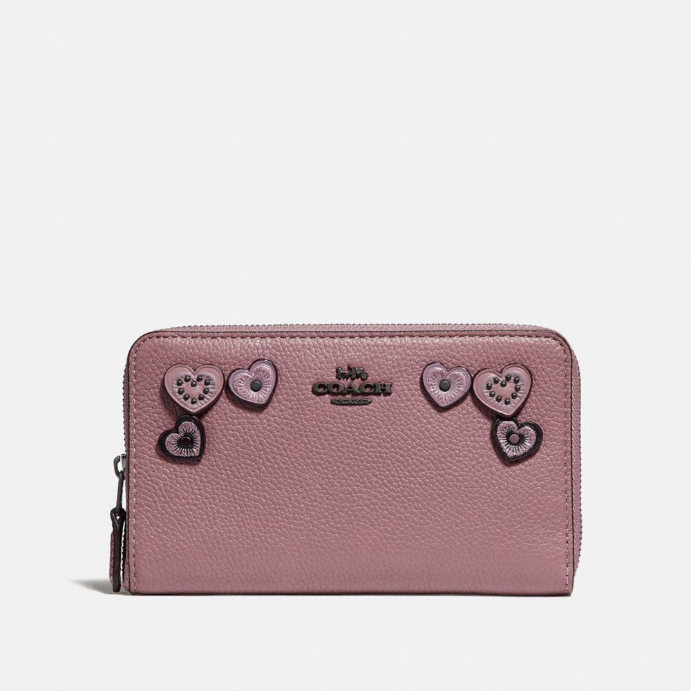 COACH MEDIUM ZIP AROUND WALLET WITH HEARTS - DUSTY ROSE/BLACK COPPER - F29748