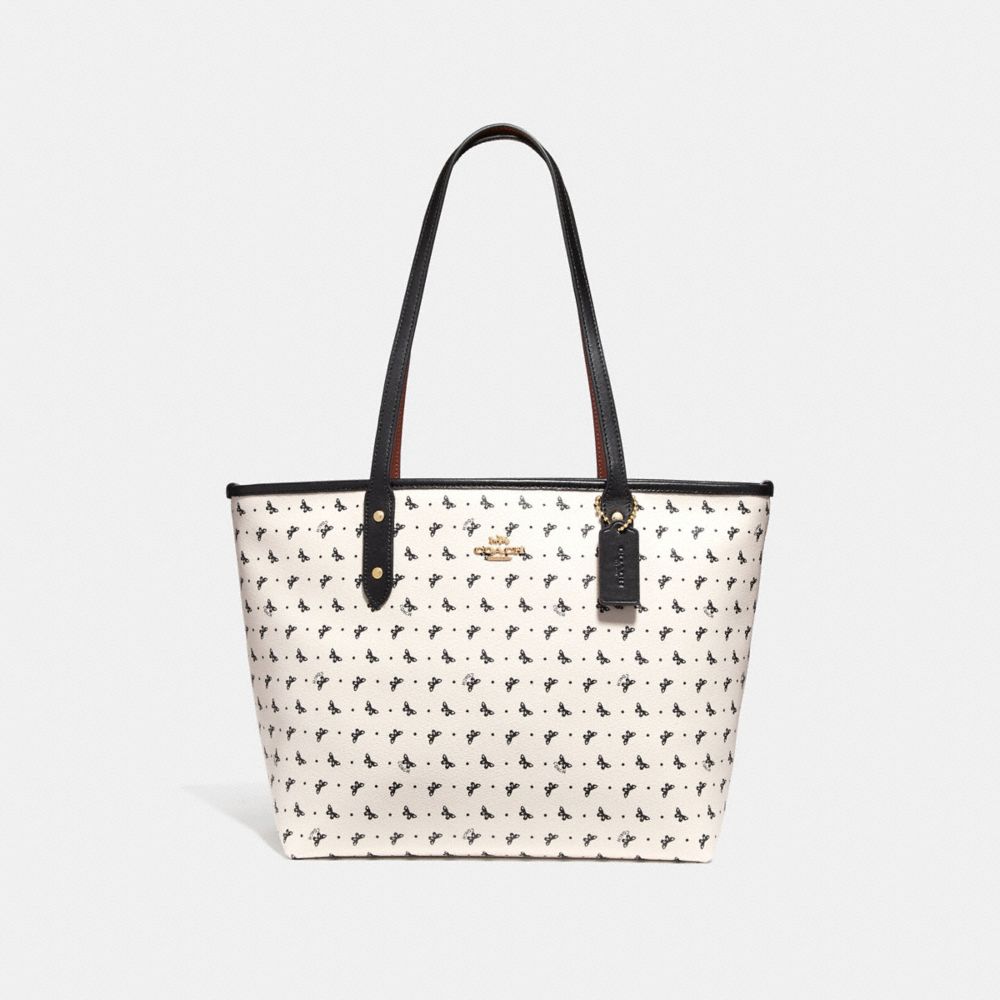 COACH F29803 City Zip Tote With Butterfly Dot Print CHALK/BLACK/LIGHT GOLD