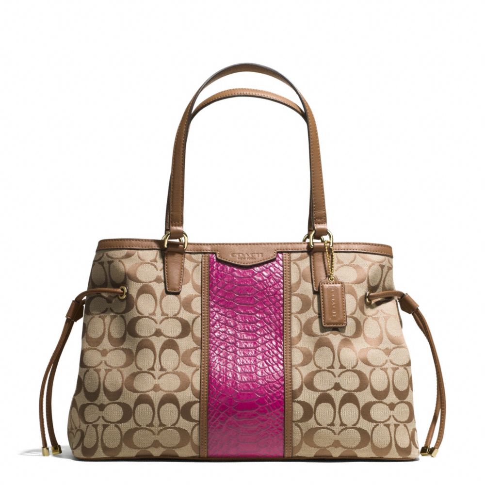 SIGNATURE STRIPE WITH SNAKE DRAWSTRING CARRYALL - IMITATION METAL/KHAKI/CHERRY - COACH F29863