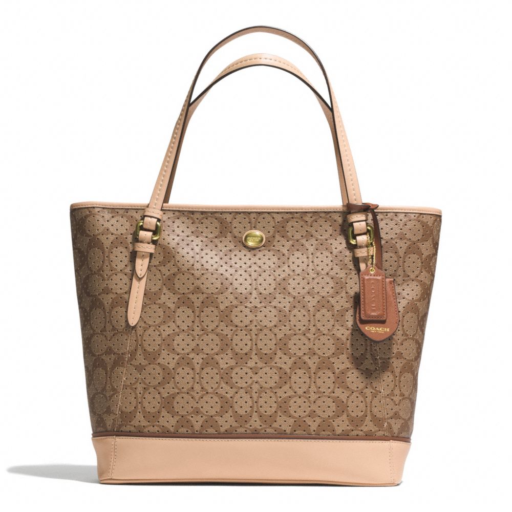 COACH PEYTON PERFORATED PVC ZIP TOP TOTE - BRASS/KHAKI/TAN - F29886