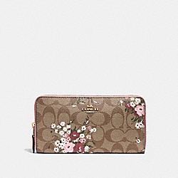 ACCORDION ZIP WALLET IN SIGNATURE CANVAS WITH FLORAL BUNDLE PRINT - f29931 - khaki/multi/imitation gold