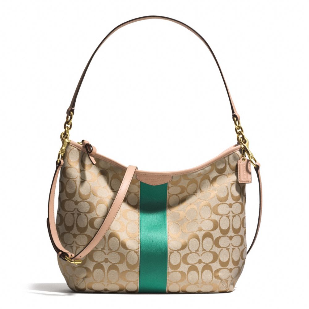 COACH SIGNATURE STRIPE CONVERTIBLE HOBO - BRASS/KHAKI/EMERALD - f29941