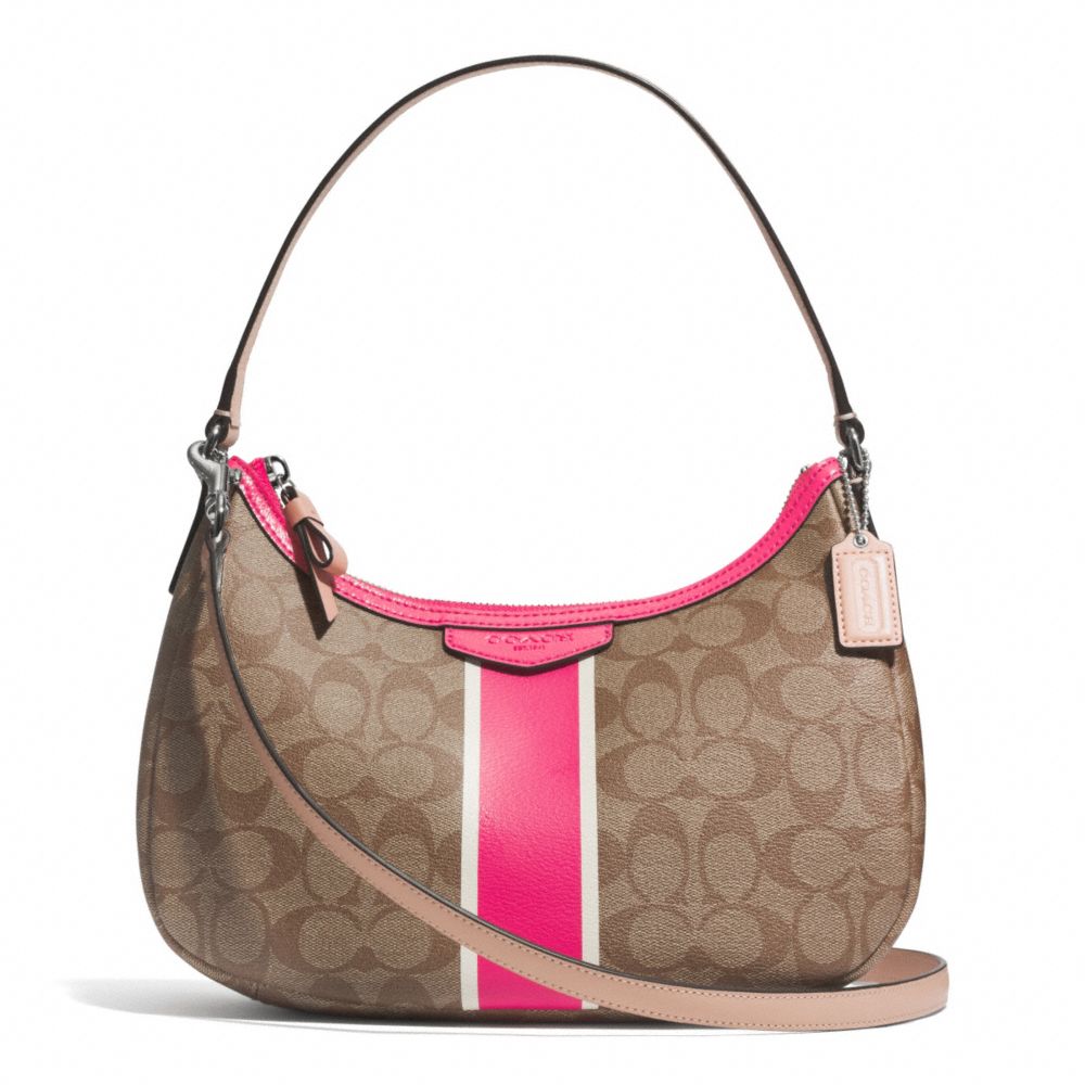 SIGNATURE STRIPE DEMI CROSSBODY - COACH F29942 - SILVER/KHAKI/POMEGRANATE