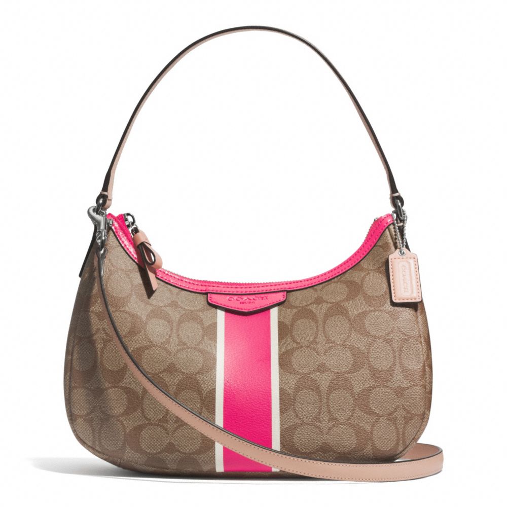 COACH F29942 SIGNATURE STRIPE DEMI CROSSBODY SILVER/KHAKI/POMEGRANATE