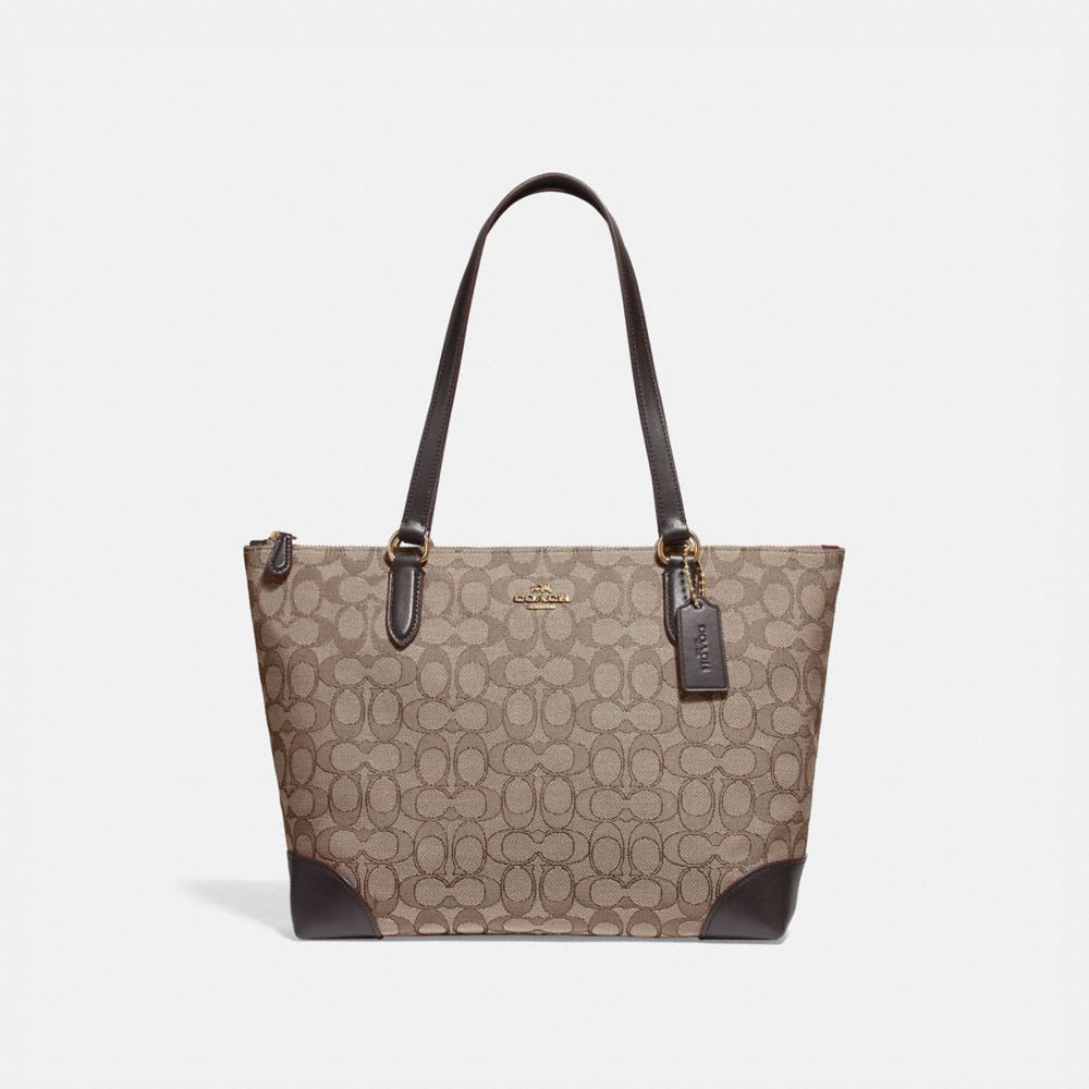 COACH F29958 ZIP TOP TOTE IN SIGNATURE JACQUARD KHAKI/BROWN/LIGHT-GOLD