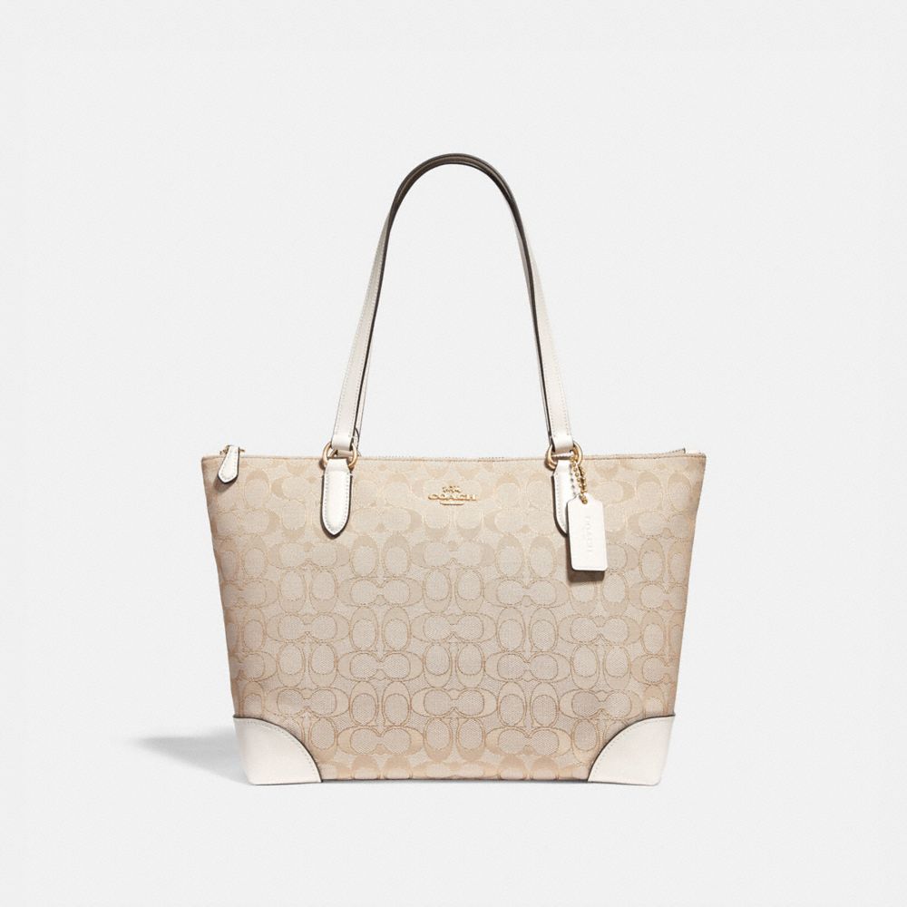 COACH F29958 ZIP TOP TOTE IN SIGNATURE JACQUARD LIGHT KHAKI